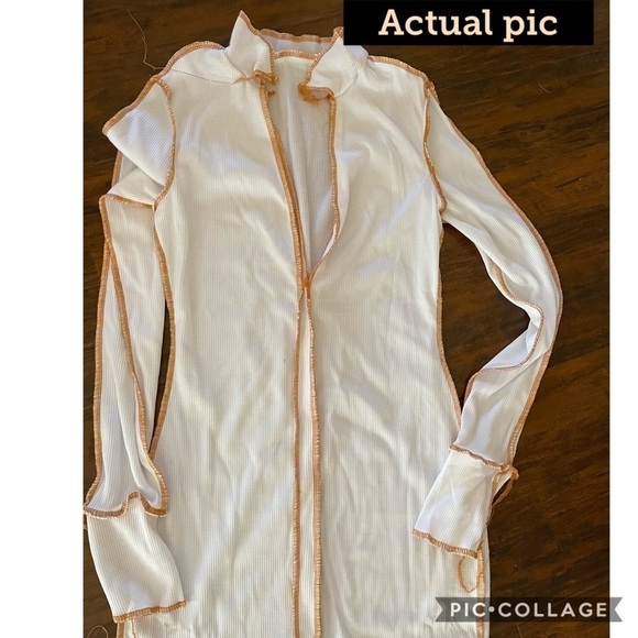 White Ribbed Top Trimmed in Tan - Picture 2 of 3